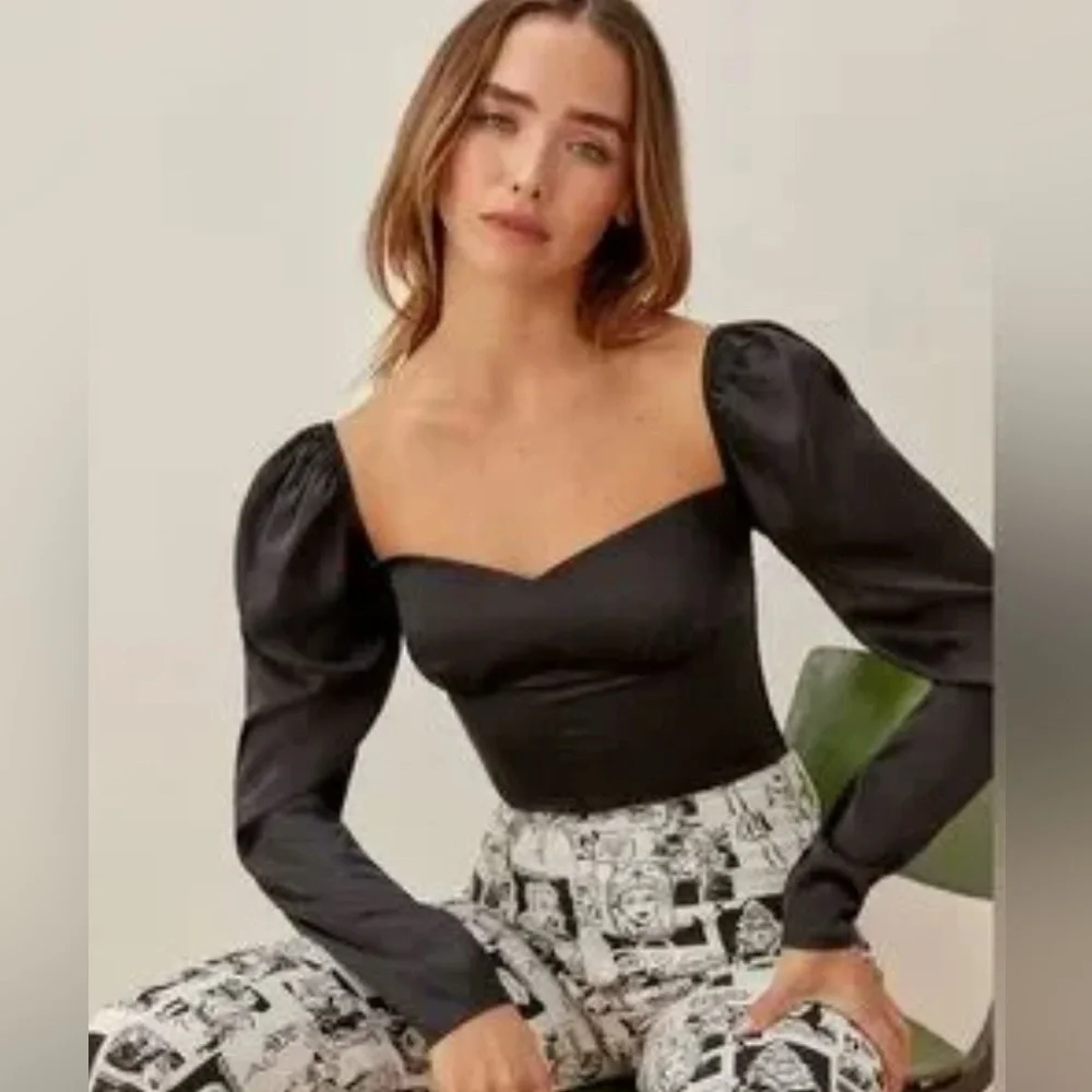 Reformation Black Satin Blouse 100%Silk